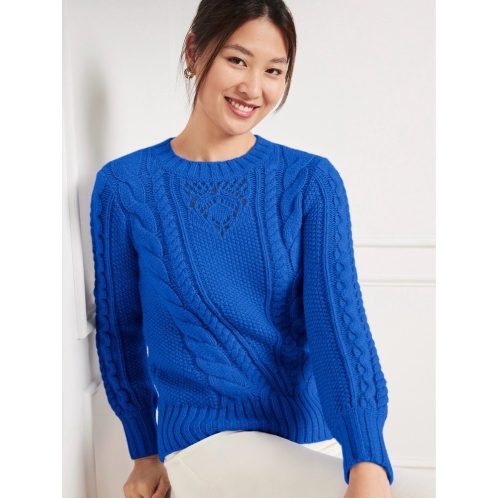 Talbots NWT Balloon Sleeve Cable Knit Sweater PL Petite Royal Blue Pullover